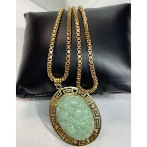 14KT Yellow Gold Greek Key & Heart Carved Green Jade Necklace 18.5” Long